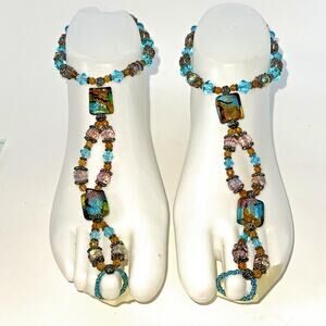 Vintage Ankle Foot Bracelet Glass Seed BeadOcean Nautical Set of 2 Beaded B#6